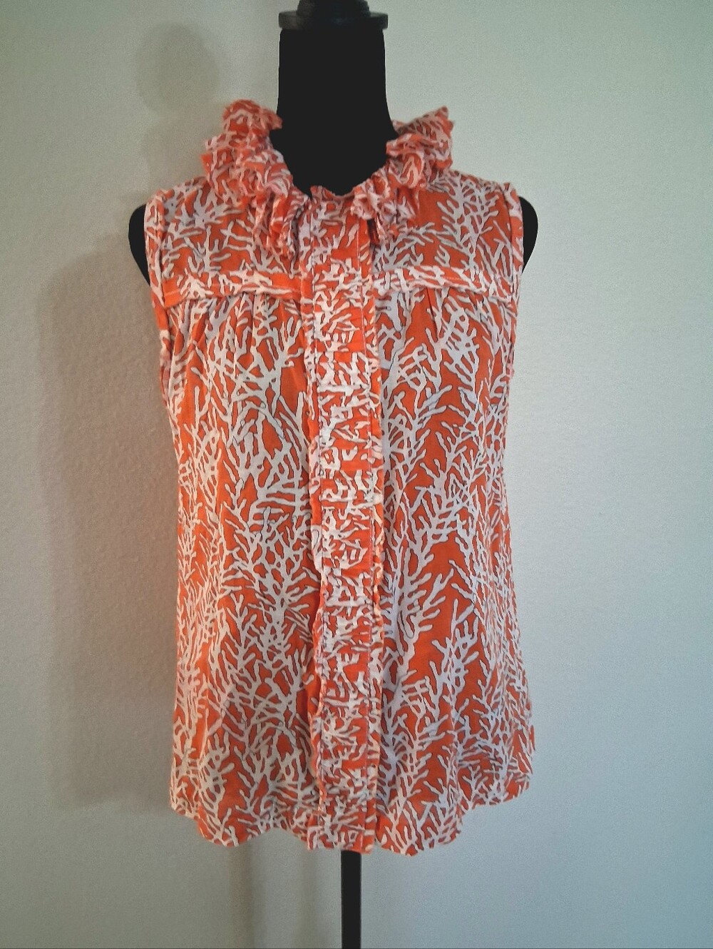 Tory Burch Coral and White Ruffle Sleeveless Blouse